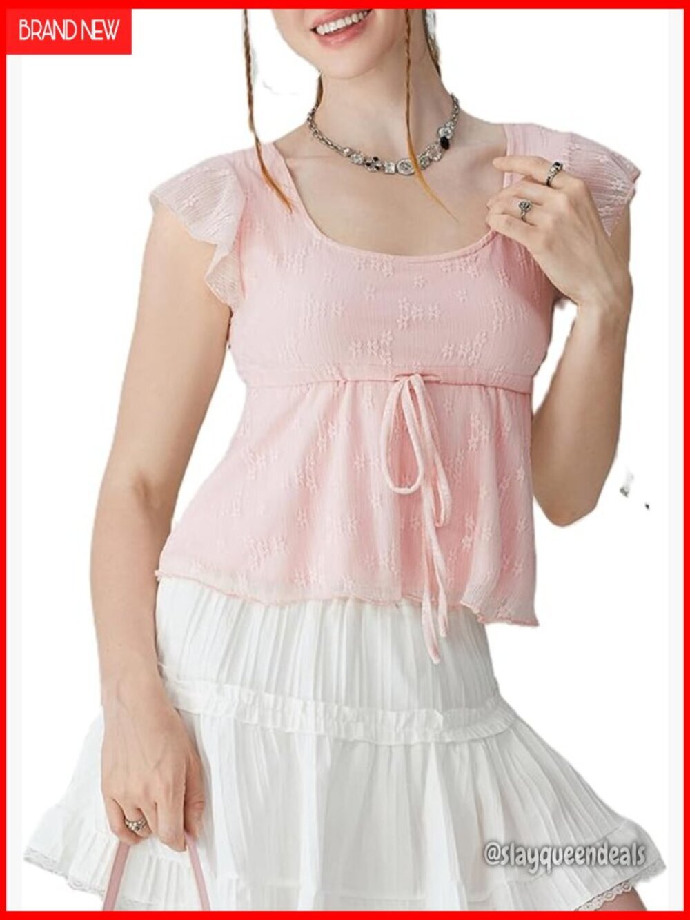 Y2K Square Neck Lace Crop Top with Ruffle Sleeves and Flared Hem